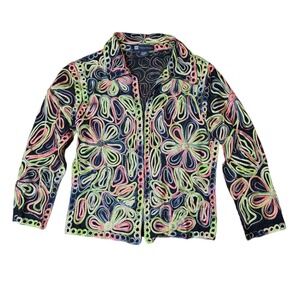 Casual Studio Embroidered Floral‎ Jacket Neon Colors Black Mesh Size S